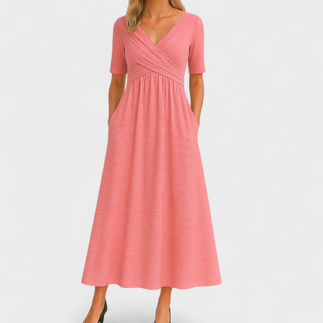 Erivane | Midi Dress V-Neck Short Sleeve Soft Fabric Refined