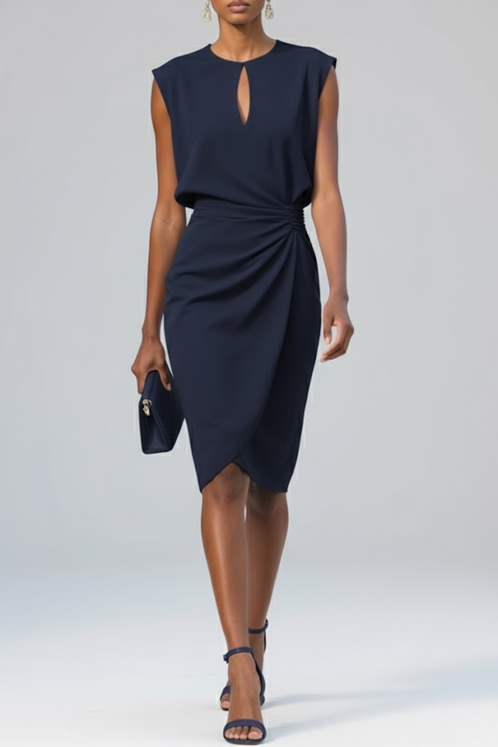 Revessa | Ruched Midi Cocktail Dress with Keyhole Neckline — Style shot 1