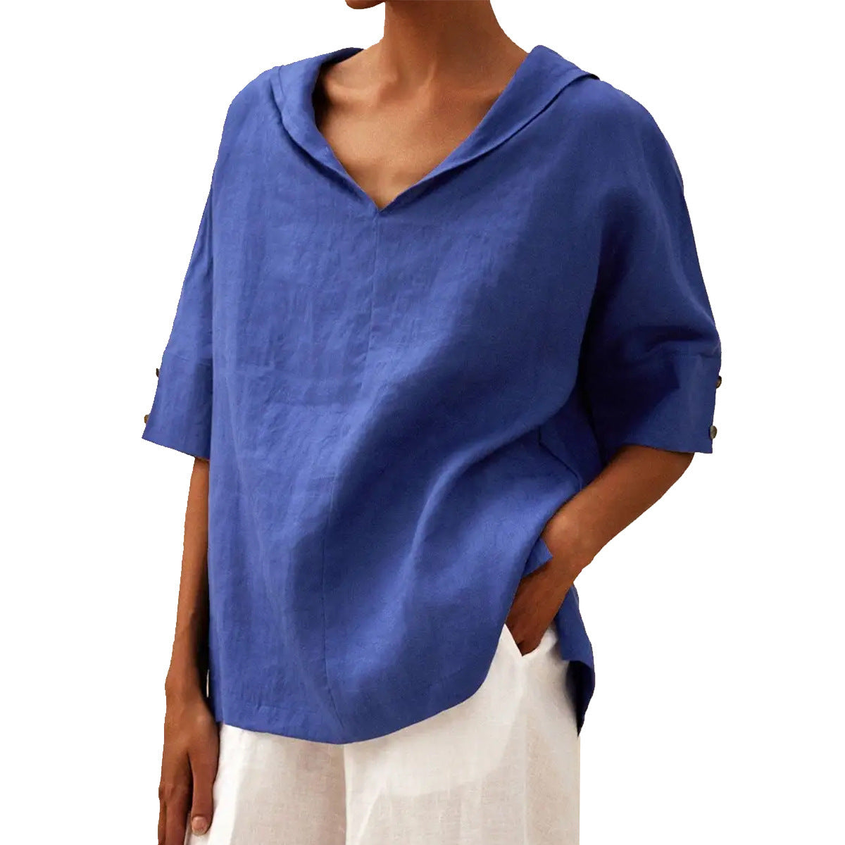 Istralle | Classic Linen V-Neck Blouse with Relaxed Silhouette - Image 8