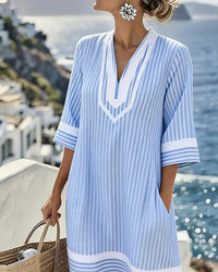 Brennelle | Striped Dress V-Neck Short Sleeve Cotton Blend