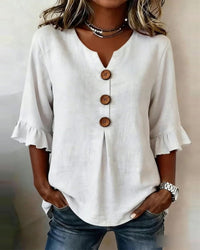 Rolvene | Cotton-linen V-neck ruffle blouse
