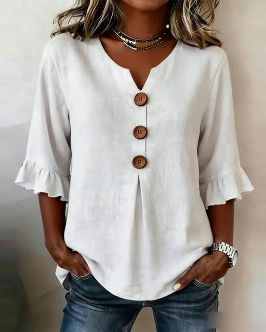 Rolvene white cotton-linen V-neck blouse - front view