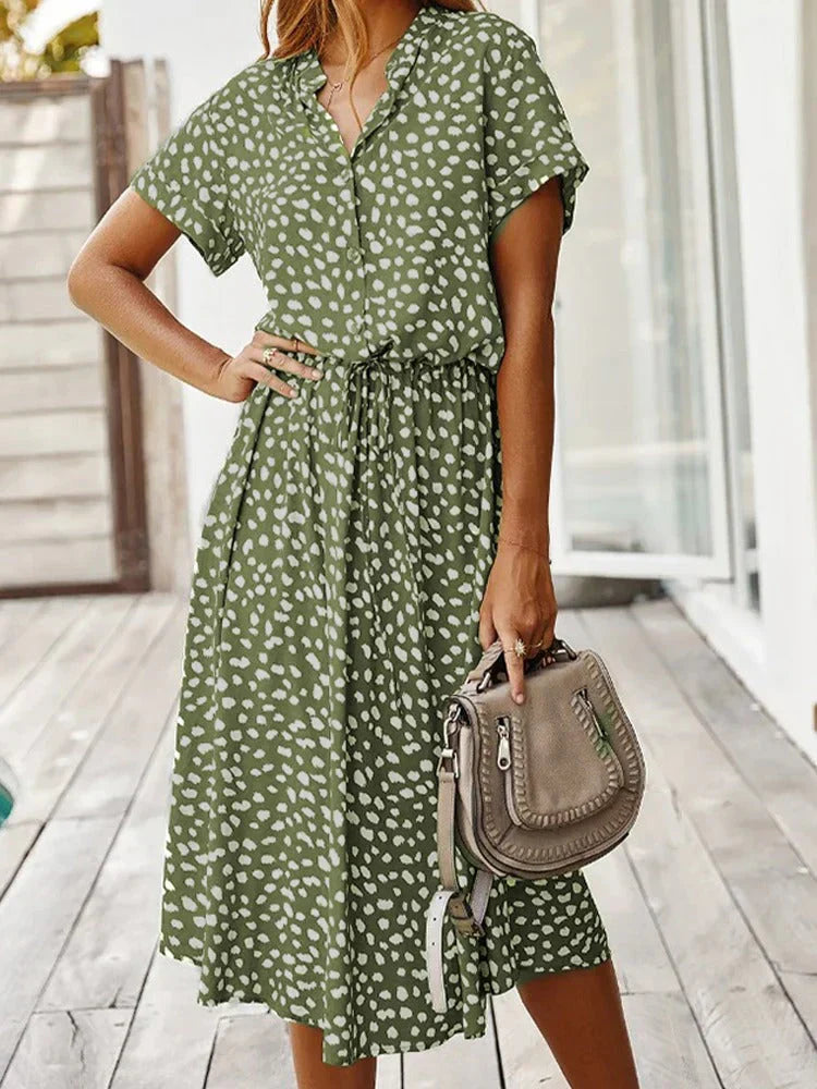 Corvelle | Spotted print shirt midi dress with waist tie