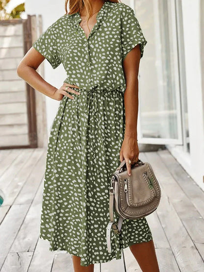 Corvelle | Spotted print shirt midi dress with waist tie