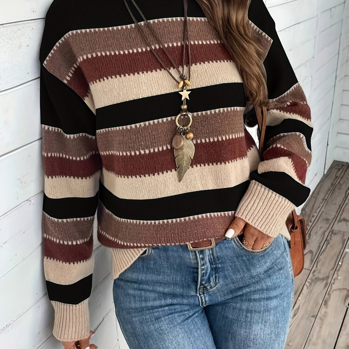 Women's Striped Round-Neck Jumper, Knitted Sweater - view 2