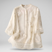 Women's Embroidered Cotton Blouse, Button Front Floral Top