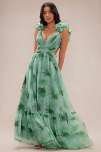 Sorelle | Floral V-Neck Ruffle Lace-Up Tiered Maxi Dress
