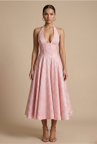 Davielle | Midi Dress Jacquard Halter Corset Pleated A-Line