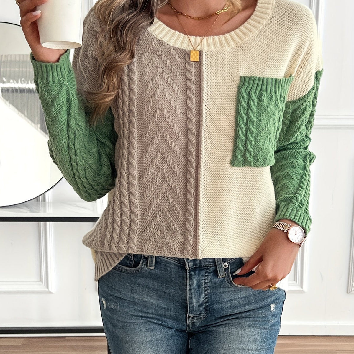 Women's Cable Two-Tone Jumper, Knitted Sweater