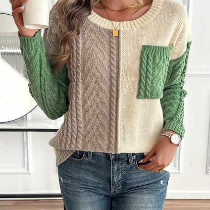Women's Cable Two-Tone Jumper, Knitted Sweater