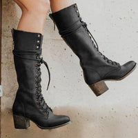 Ravelle | Knee-High Boots Lace-Up Front Block Heel Long Shaft