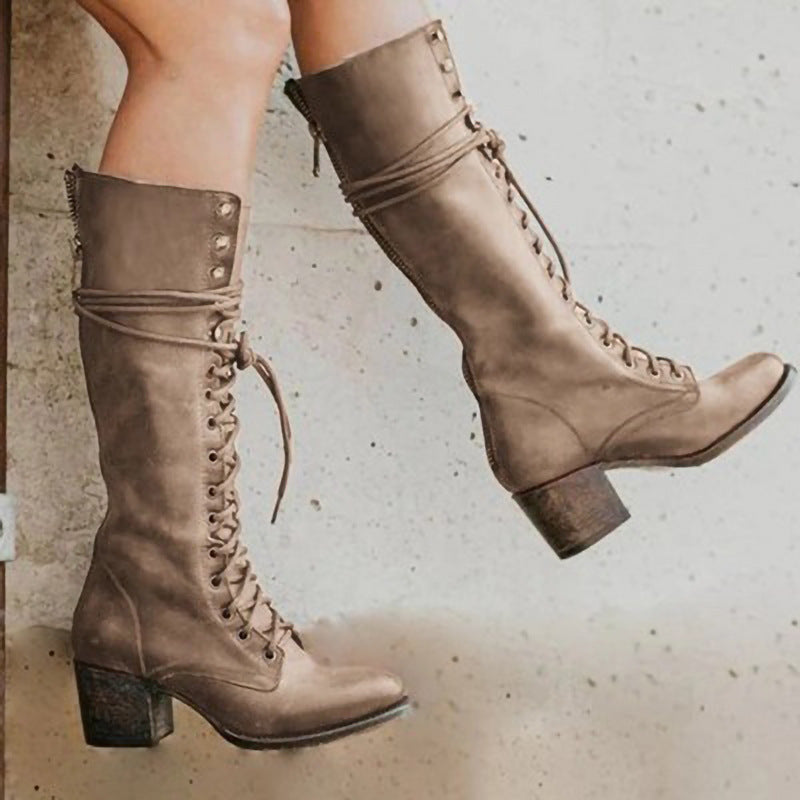 Ravelle | Knee-High Boots Lace-Up Front Block Heel Long Shaft