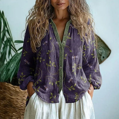 Women's Leaf Print Vintage Shirt, Button-Up