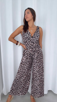 Neviane | Jumpsuit Leopard Print Wrap Top Wide-Leg Belt