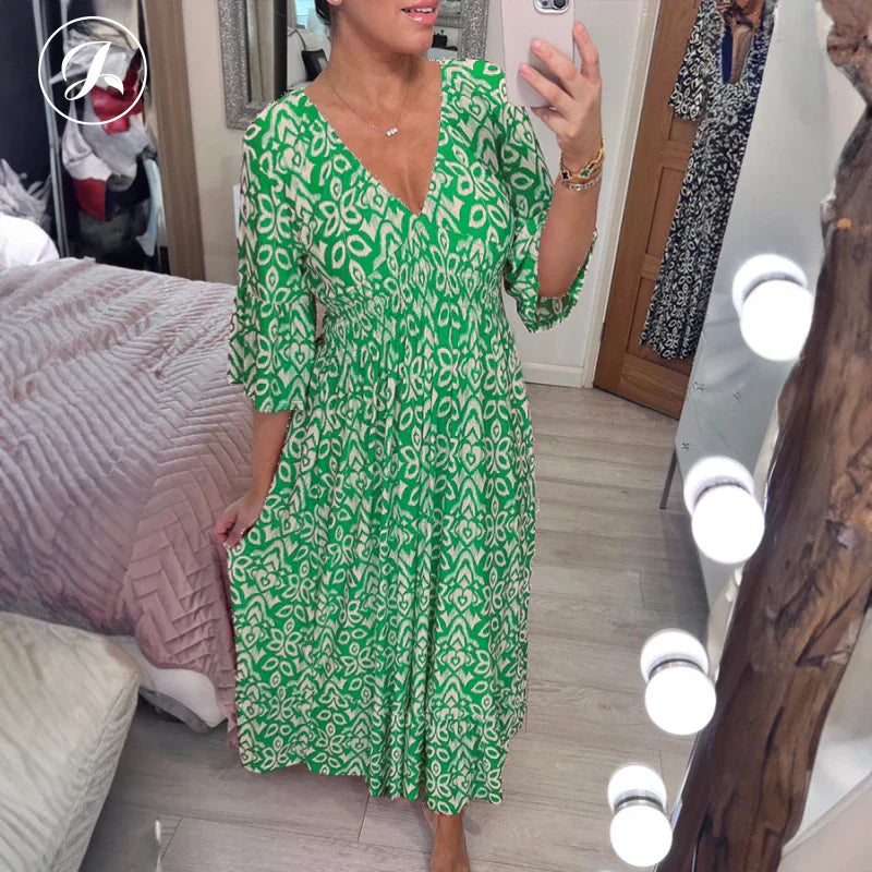 Morvaine | Boho print V-neck wrap maxi dress