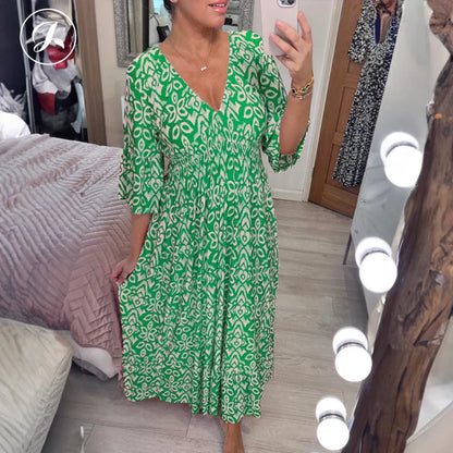 Morvaine | Boho print V-neck wrap maxi dress