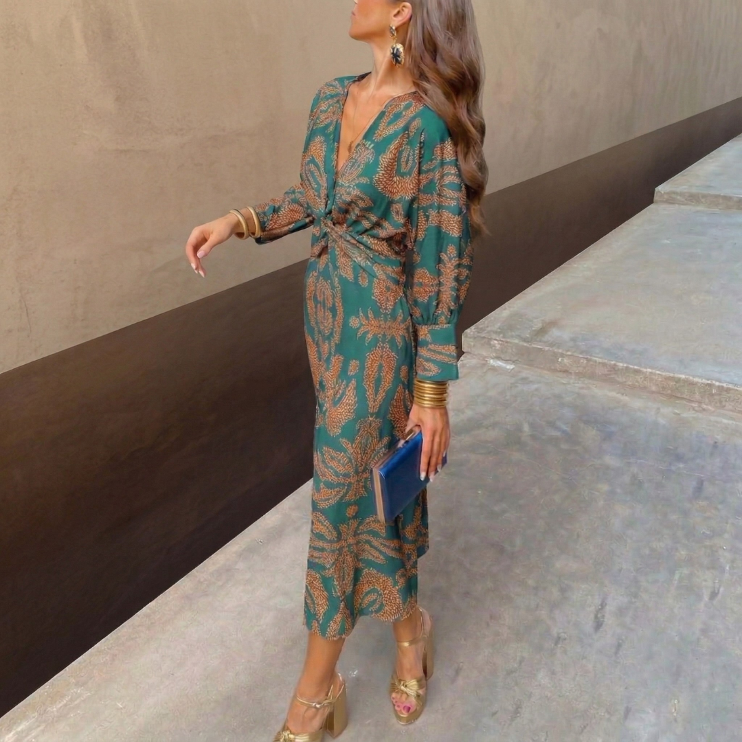 Nadia green fluid midi dress with artistic print