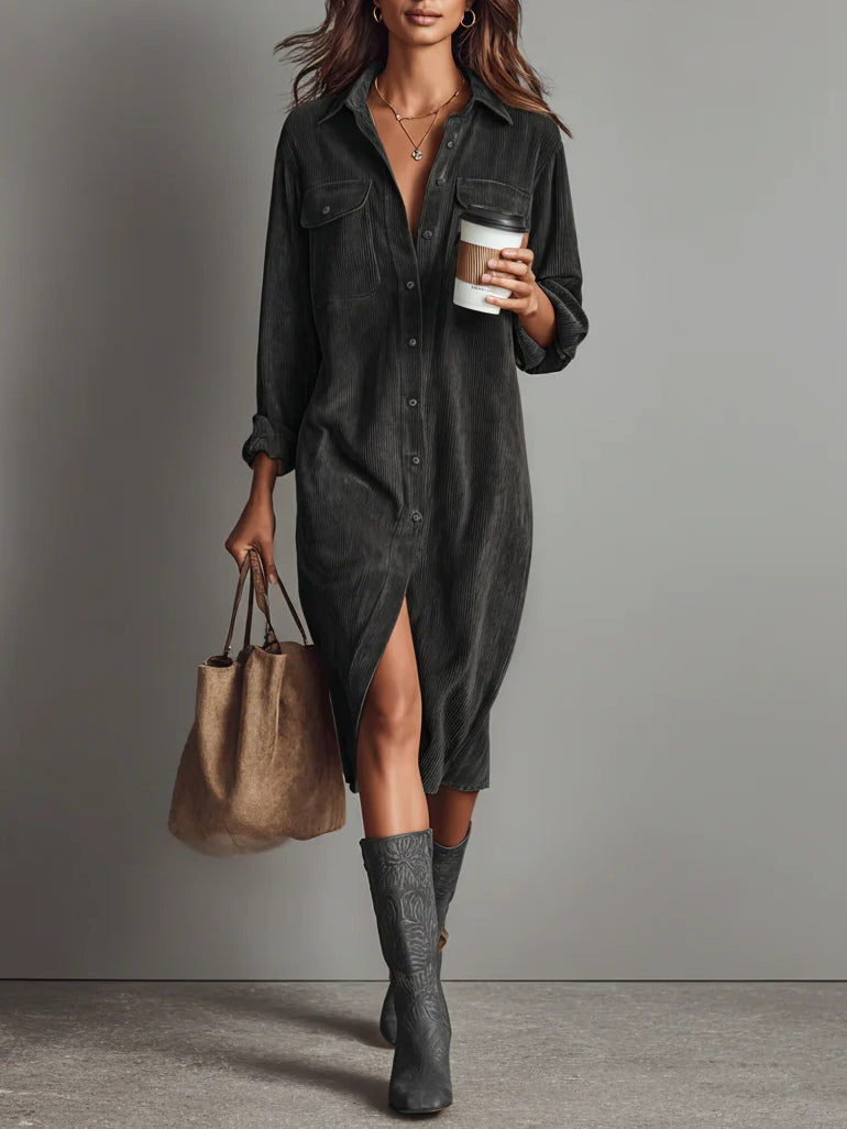 Marven gray boho corduroy pocket midi dress