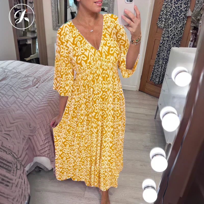 Morvaine | Boho print V-neck wrap maxi dress