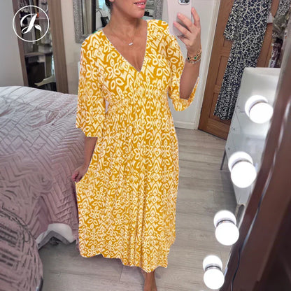 Morvaine | Boho print V-neck wrap maxi dress