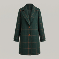 Women's Green Check Coat with Lapel Collar, Tailored Plaid Coat