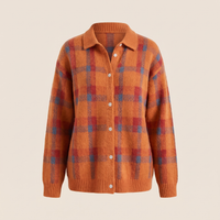 Women's Retro Check Knit Cardigan with Collar, Button Front