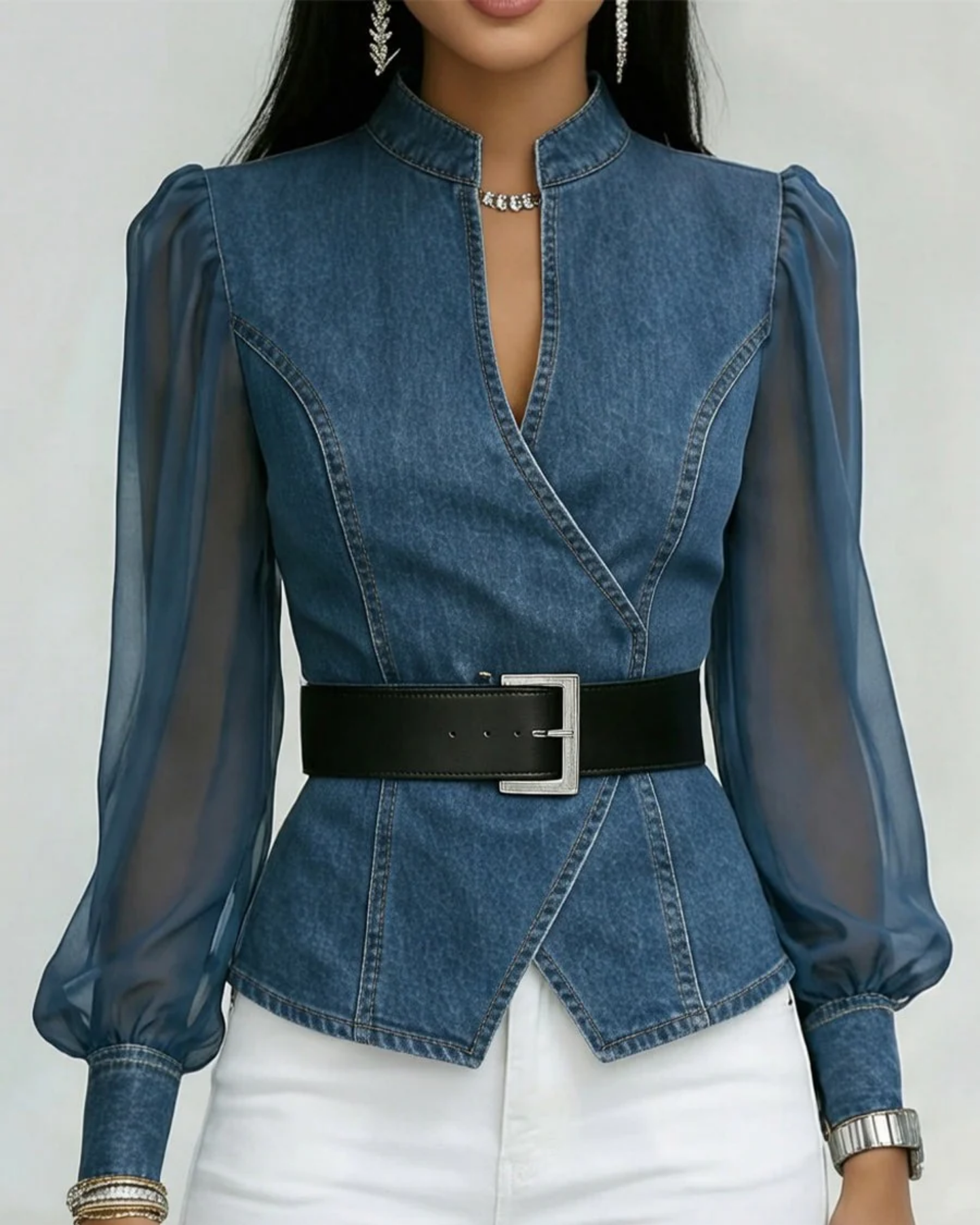 Belvion denim chiffon top - Light Blue