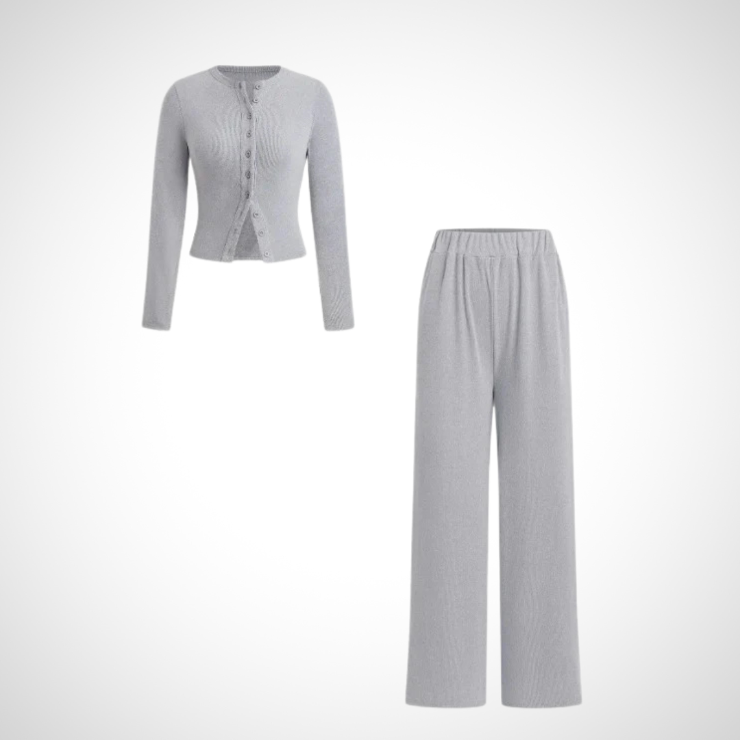Lazelle | Long-Sleeve Top and Trouser Two-Piece Set — Light Grey colourway