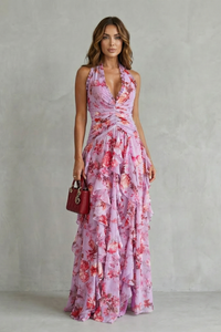 Ynessa | Maxi Dress Floral Print Halter Neck Ruched Bodice
