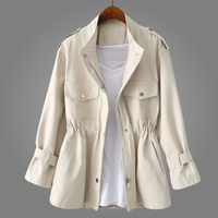 Women's Safari Utility Jacket, Stand Collar Button Front with Flap Pockets