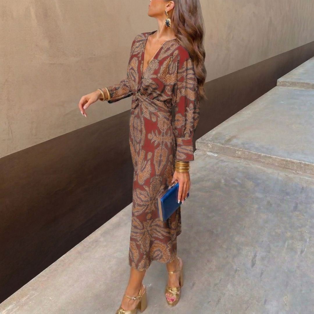 Nadia red fluid midi dress with artistic print