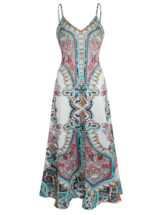 Florenne light green boho floral sleeveless dress - front view