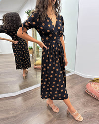 Volienne | Midi Dress Polka Dot V-Neck Button Front