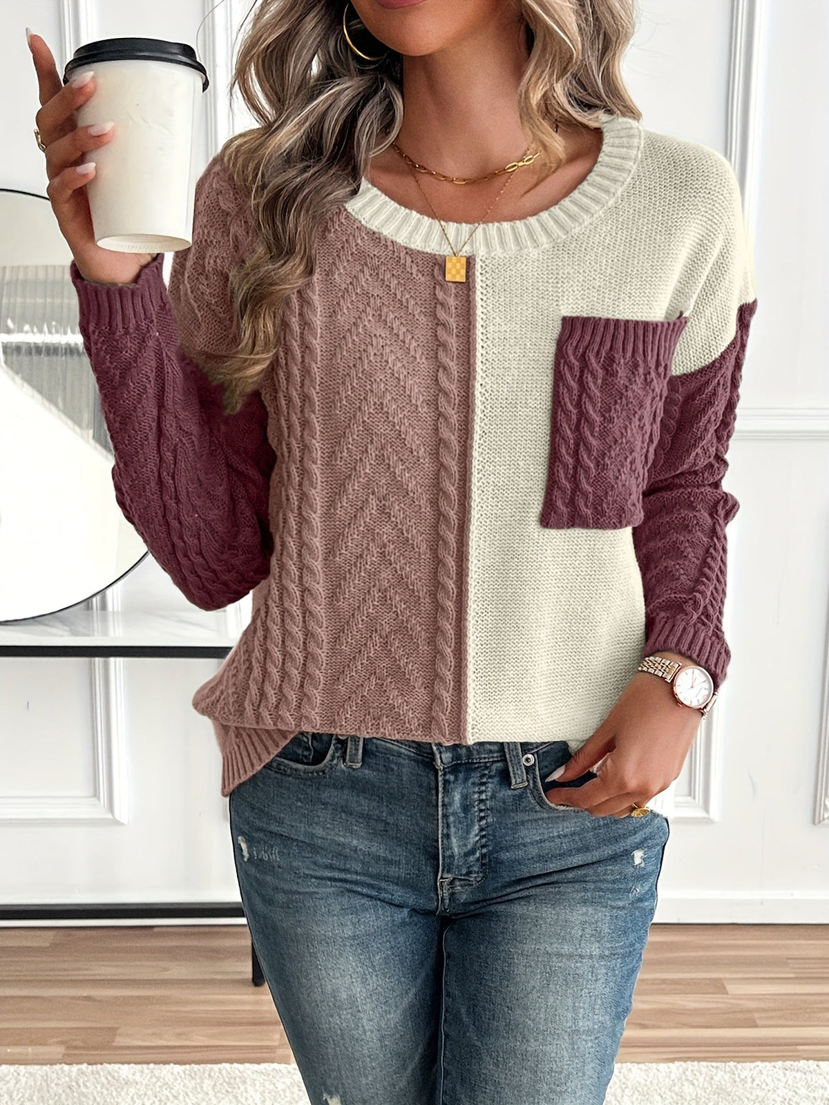 Women's Cable Two-Tone Jumper, Knitted Sweater - view 8