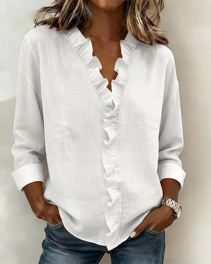Gioia | V-neck blouse with ruffle detail - White