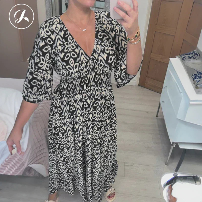 Morvaine | Boho print V-neck wrap maxi dress