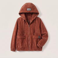 Women's Corduroy Hooded Jacket with Zip and Flap Pockets