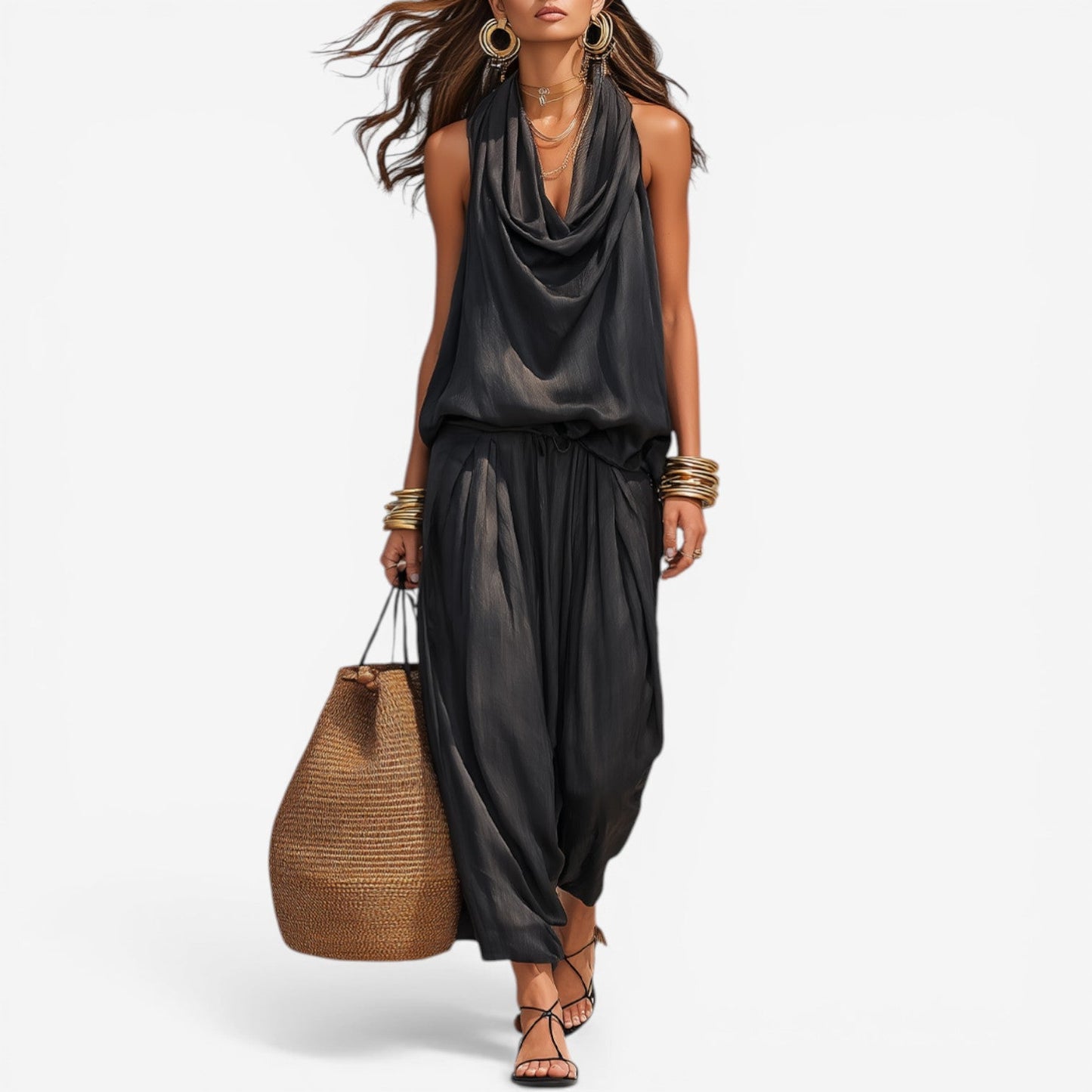 Arvelle black draped two-piece set - front