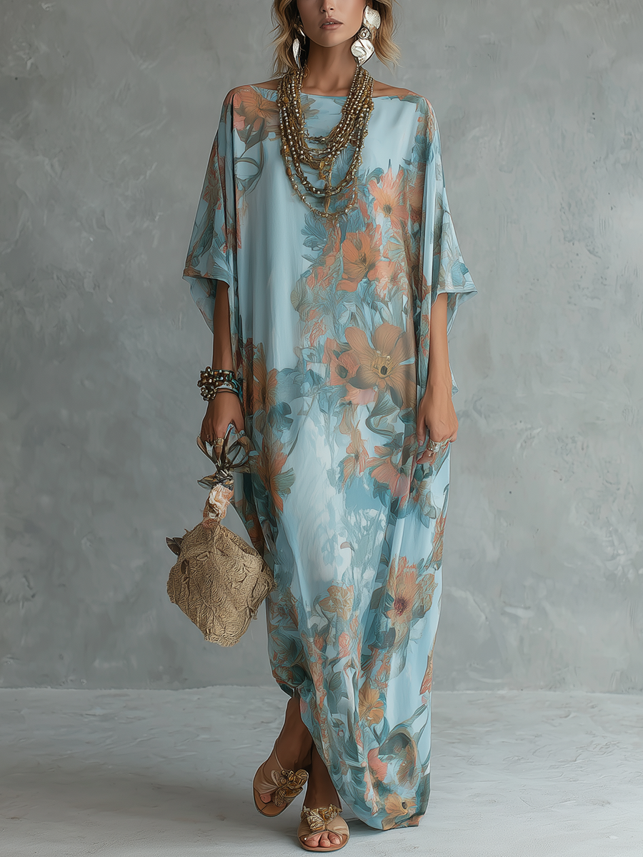 Quilara sky blue boho floral chiffon maxi dress - front