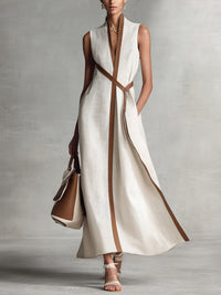 Ellarine | Linen Dress Mandarin Collar Sleeveless Flowy