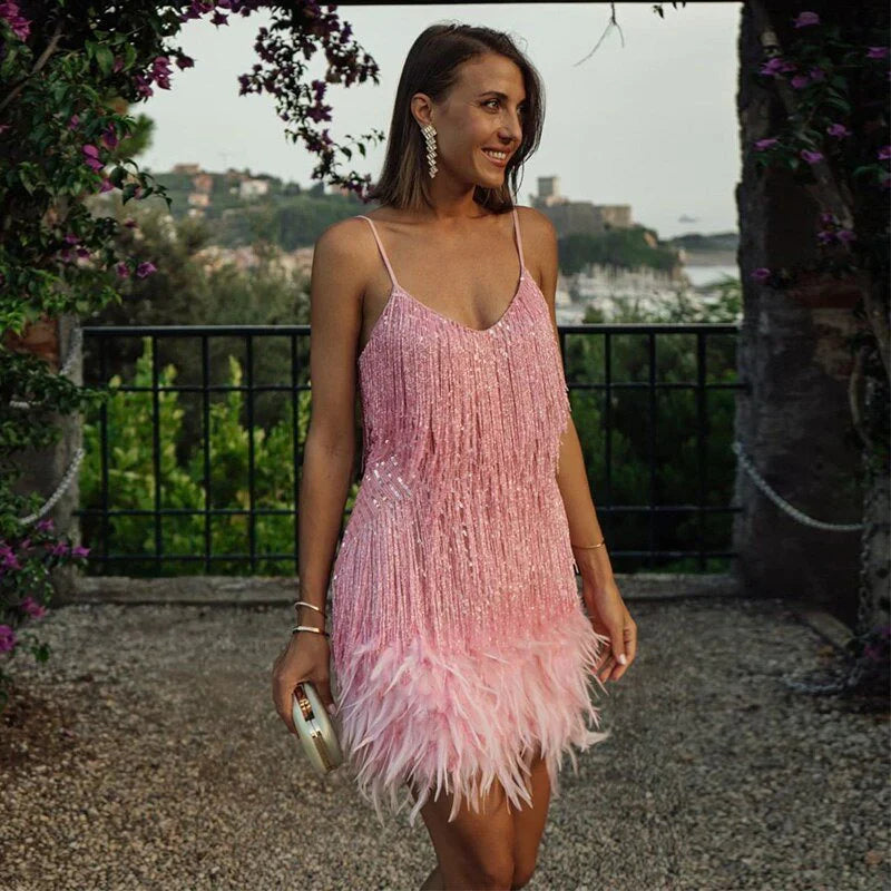 Lumirelle | Sequin Feather Evening Gown with Halter Neckline - Image 5