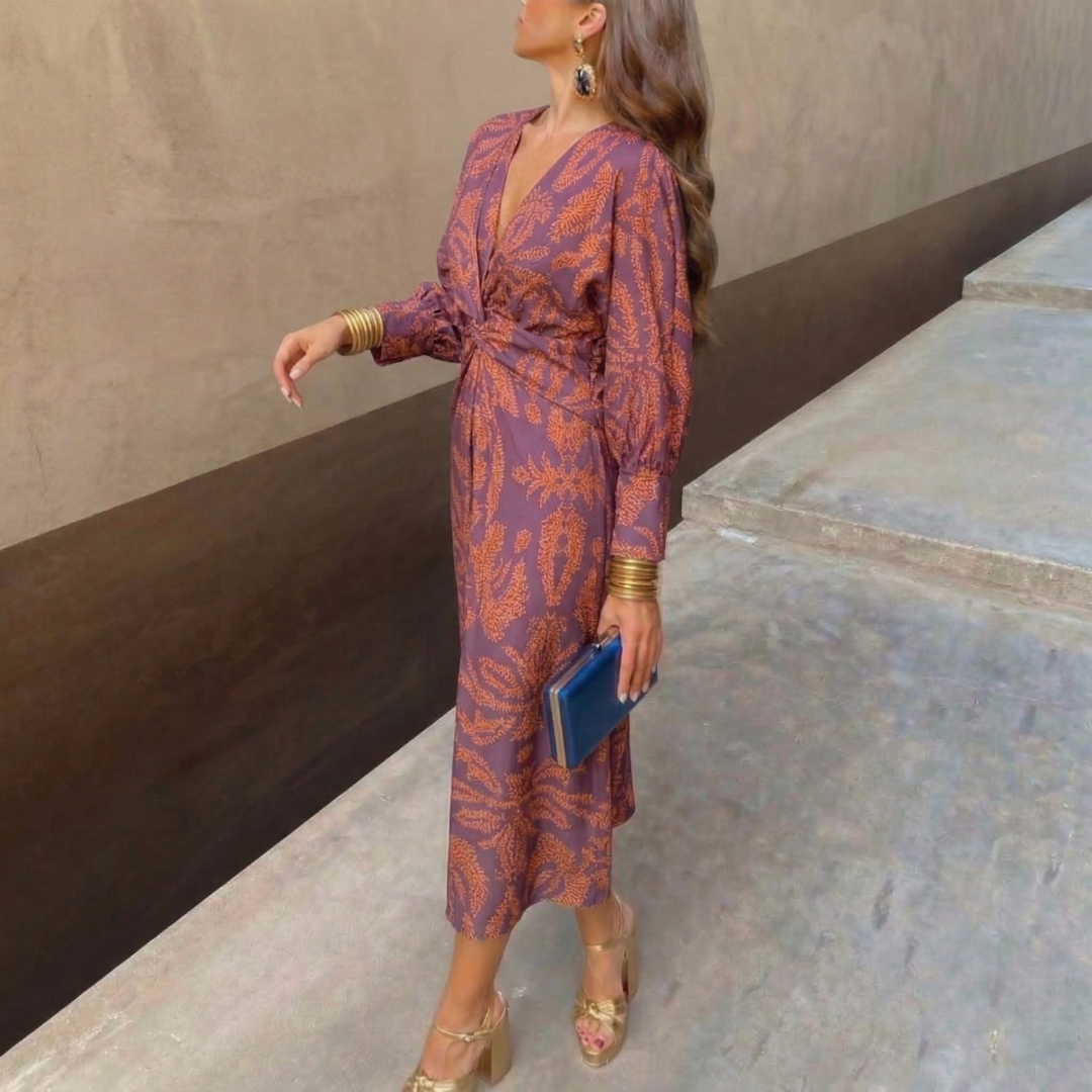 Nadia purple fluid midi dress with artistic print