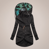 Women's Long Zip Up Hooded Jacket with Printed Hood Lining