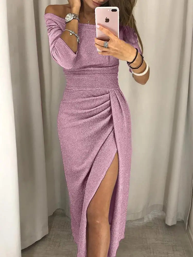 Serayna | Shimmer Maxi Dress with Thigh Slit and Pleated Bodice - Image 1