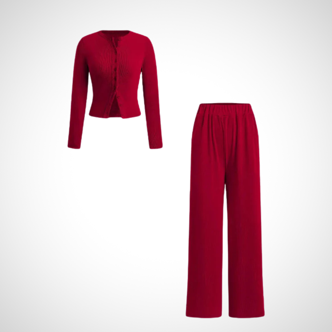 Lazelle | Long-Sleeve Top and Trouser Two-Piece Set — Claret colourway