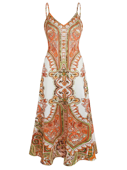 Florenne orange boho floral sleeveless dress - front view