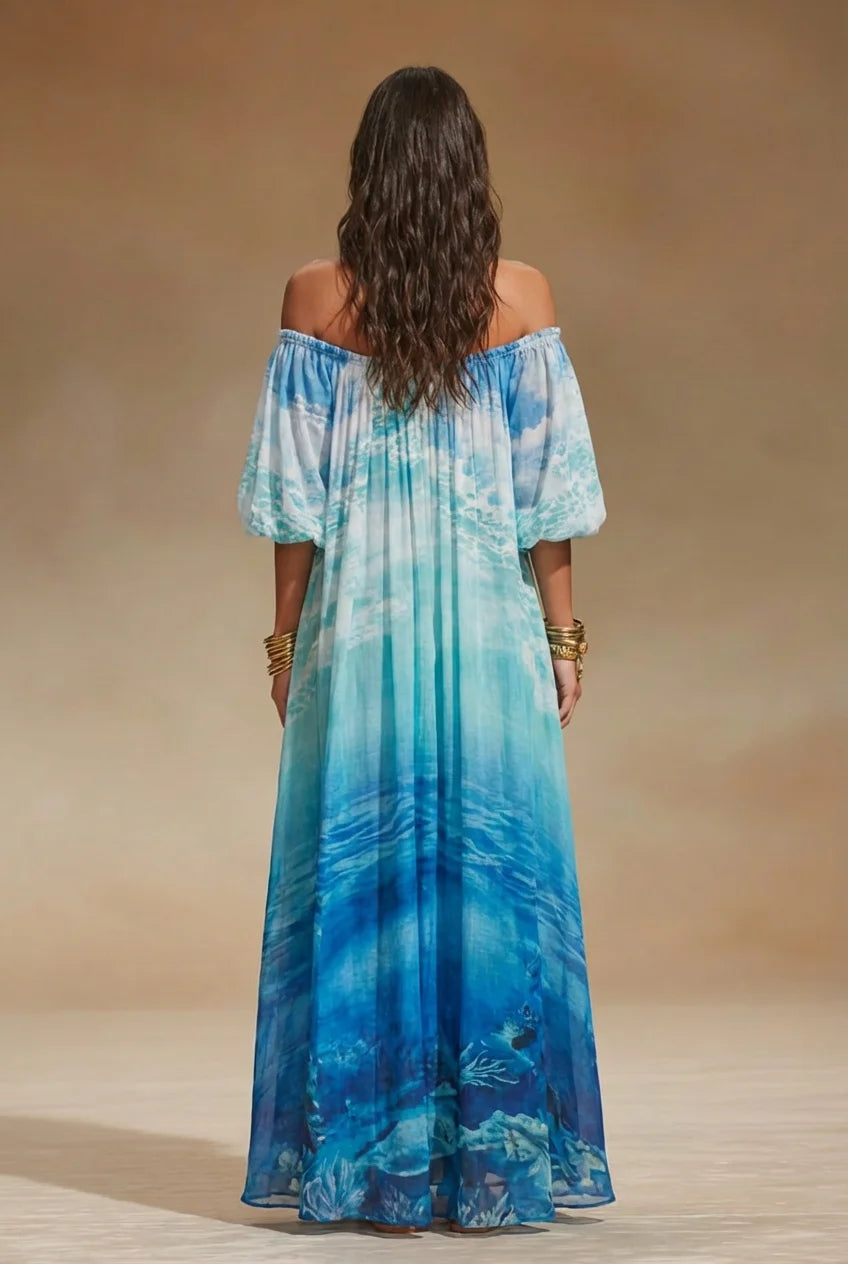 Selvane blue boho ocean print off-shoulder maxi dress - front view