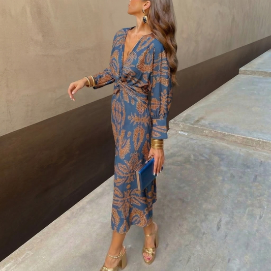 Nadia blue fluid midi dress with artistic print