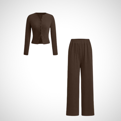 Lazelle | Long-Sleeve Top and Trouser Two-Piece Set — Brown colourway