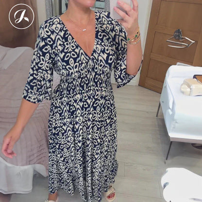 Morvaine | Boho print V-neck wrap maxi dress